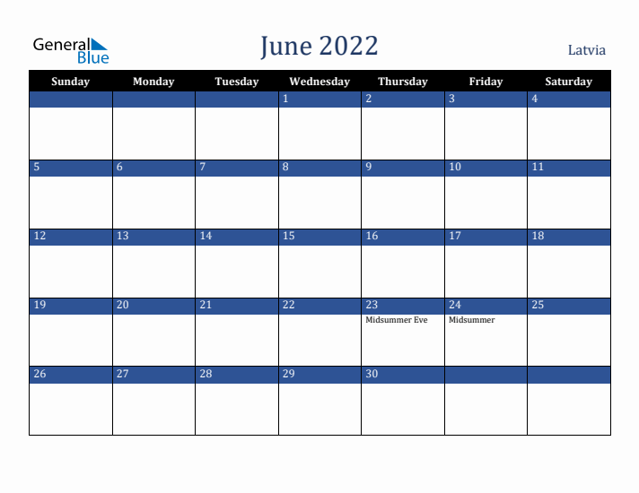 June 2022 Latvia Calendar (Sunday Start)
