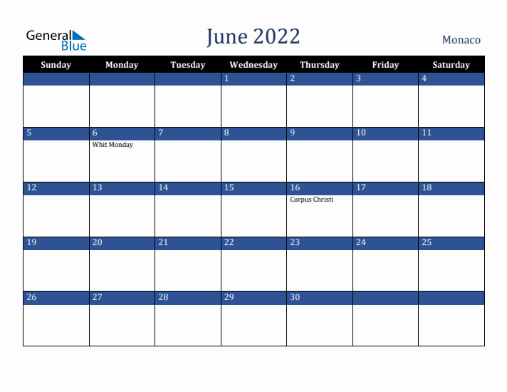 June 2022 Monaco Calendar (Sunday Start)