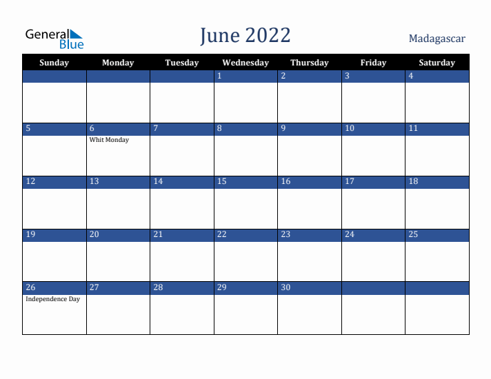 June 2022 Madagascar Calendar (Sunday Start)