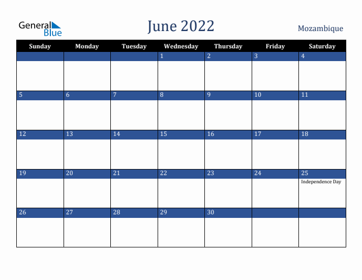 June 2022 Mozambique Calendar (Sunday Start)