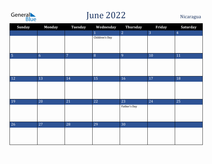 June 2022 Nicaragua Calendar (Sunday Start)