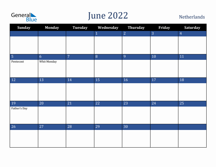June 2022 The Netherlands Calendar (Sunday Start)