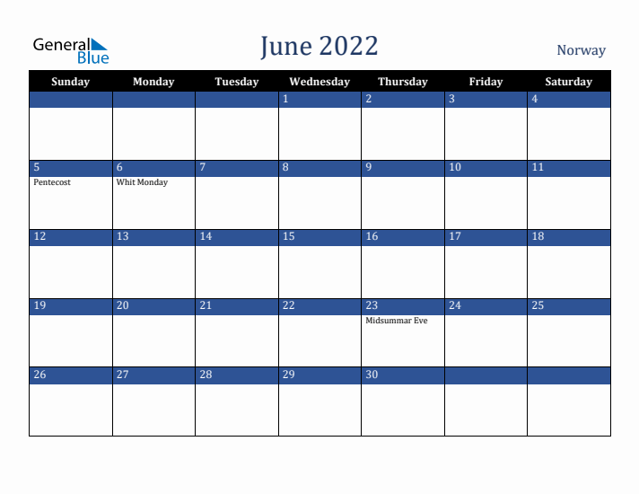 June 2022 Norway Calendar (Sunday Start)