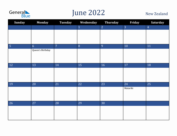 June 2022 New Zealand Calendar (Sunday Start)