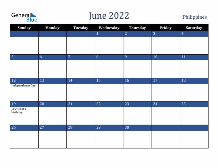 June 2022 Philippines Calendar (Sunday Start)