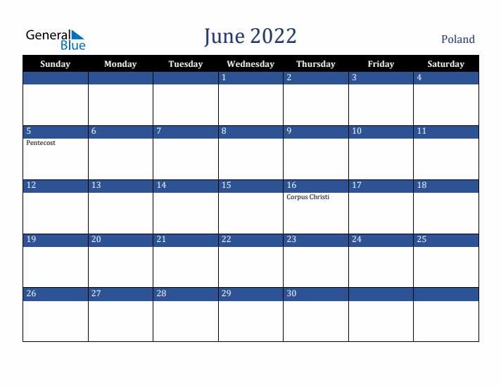 June 2022 Poland Calendar (Sunday Start)