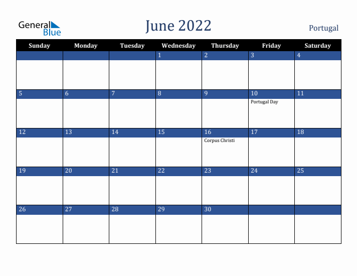 June 2022 Portugal Calendar (Sunday Start)