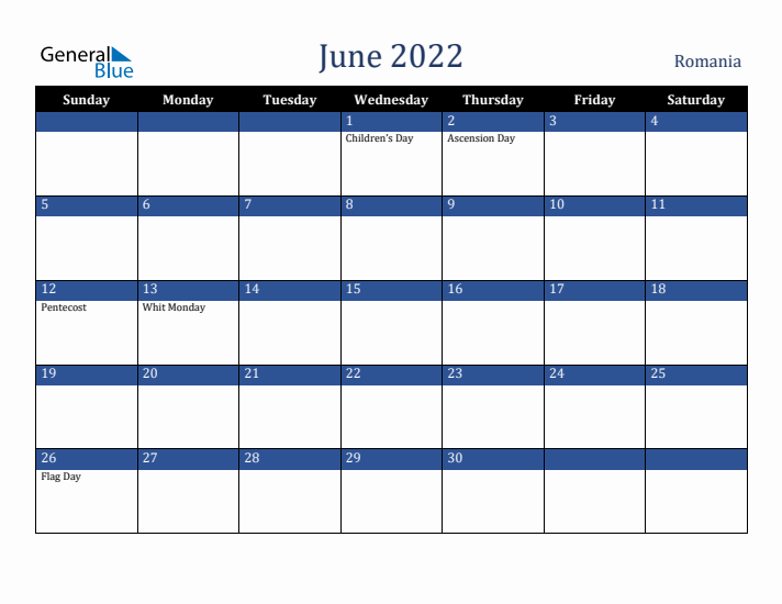 June 2022 Romania Calendar (Sunday Start)