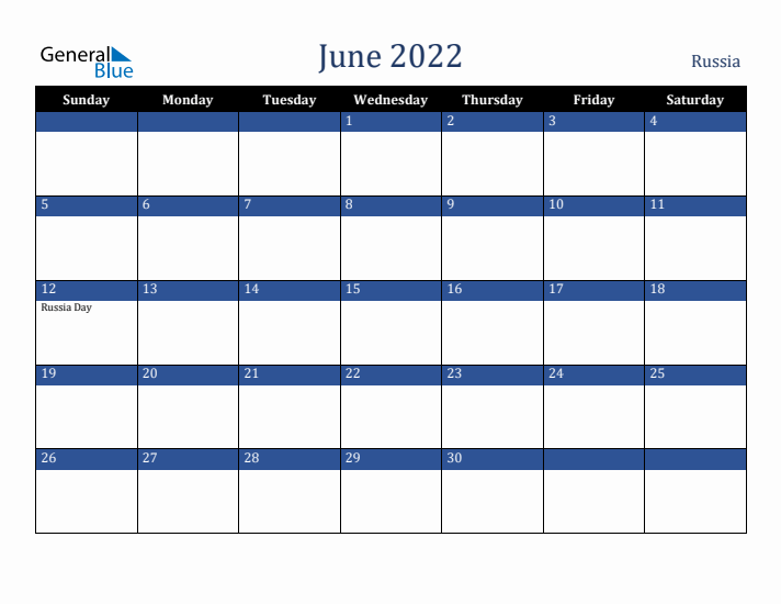 June 2022 Russia Calendar (Sunday Start)