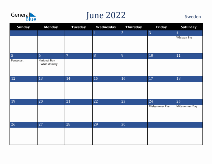 June 2022 Sweden Calendar (Sunday Start)
