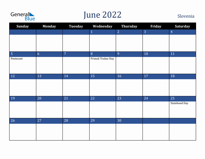 June 2022 Slovenia Calendar (Sunday Start)