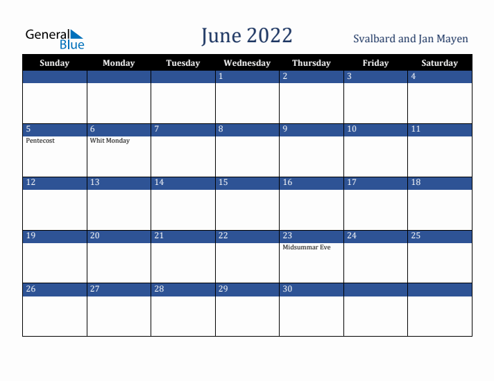 June 2022 Svalbard and Jan Mayen Calendar (Sunday Start)