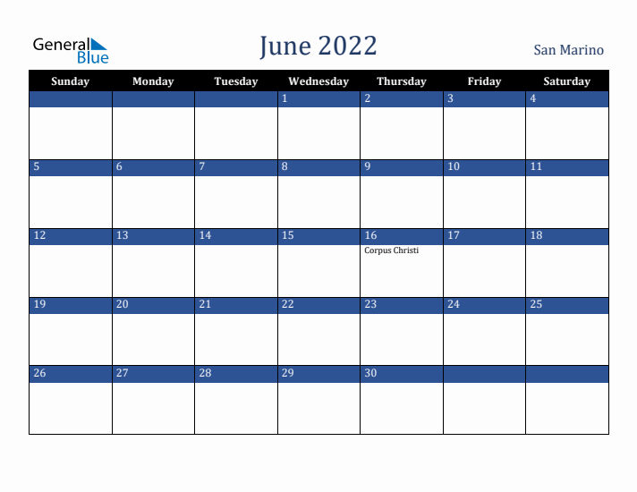 June 2022 San Marino Calendar (Sunday Start)