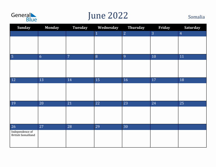 June 2022 Somalia Calendar (Sunday Start)