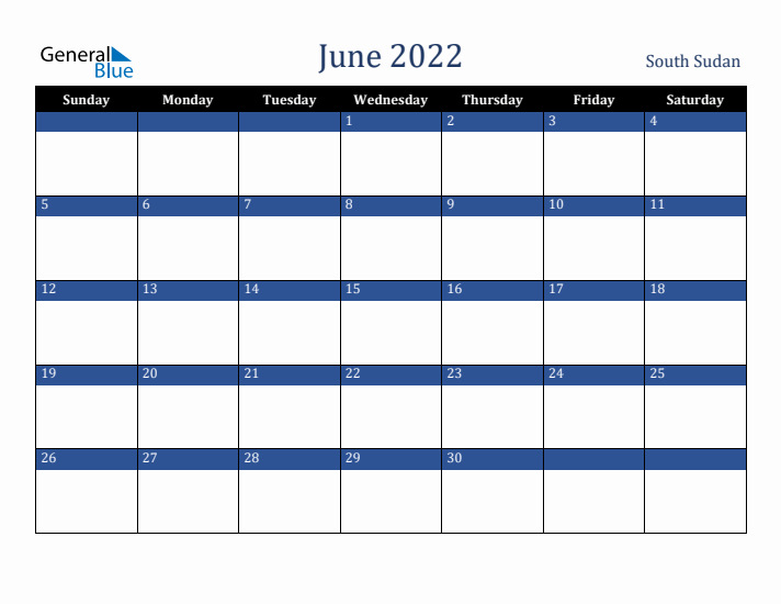 June 2022 South Sudan Calendar (Sunday Start)