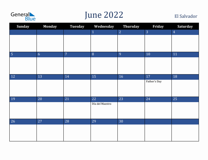 June 2022 El Salvador Calendar (Sunday Start)
