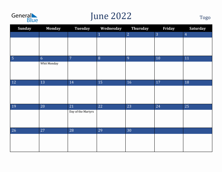 June 2022 Togo Calendar (Sunday Start)