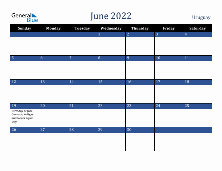 June 2022 Uruguay Calendar (Sunday Start)