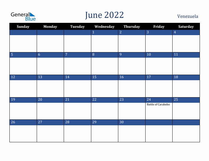 June 2022 Venezuela Calendar (Sunday Start)