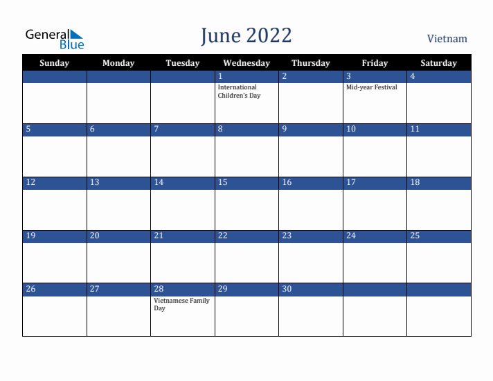 June 2022 Vietnam Calendar (Sunday Start)