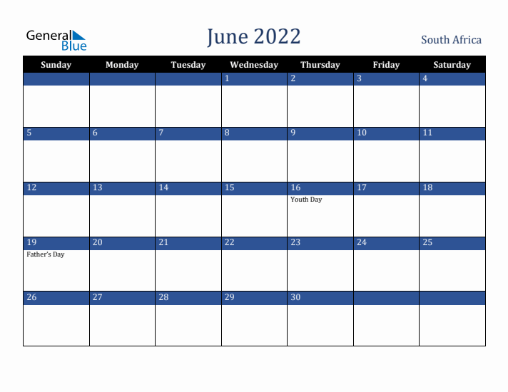 June 2022 South Africa Calendar (Sunday Start)