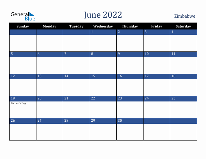 June 2022 Zimbabwe Calendar (Sunday Start)