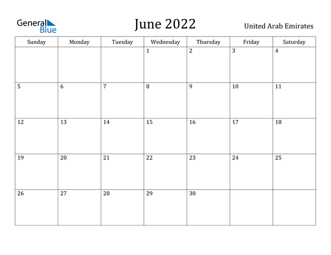 June 2022 Calendar United Arab Emirates