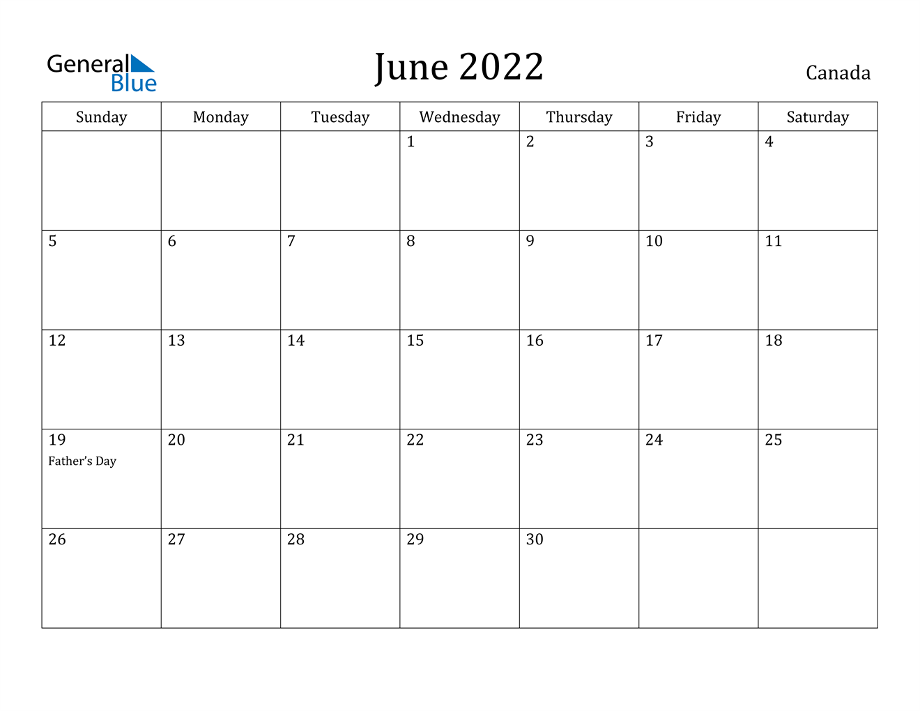 Canada June 2022 Calendar With Holidays