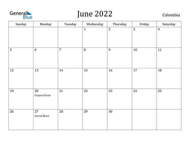 June 2022 Calendar Colombia