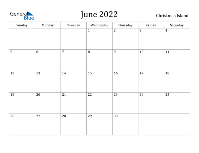 June 2022 Calendar Christmas Island