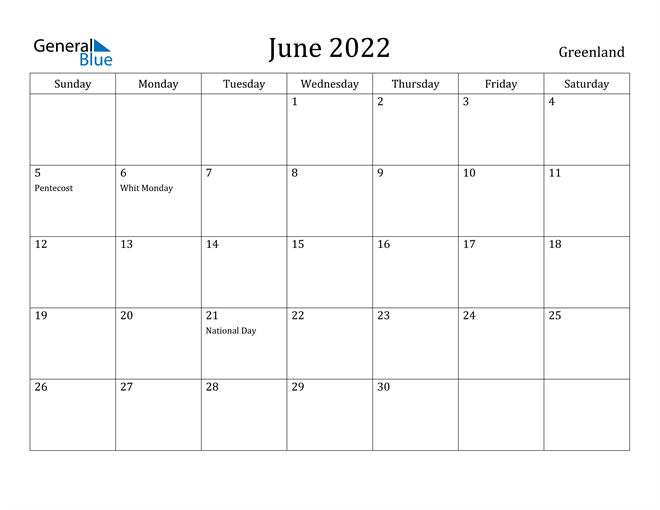 National Calendar June 2022 Greenland June 2022 Calendar With Holidays