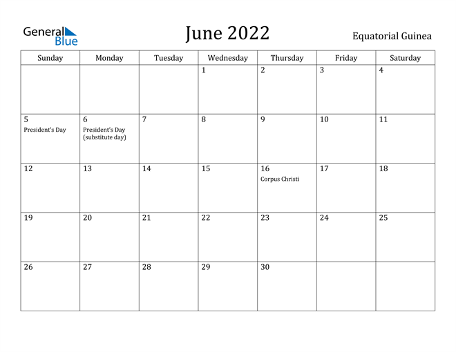 June 2022 Calendar Equatorial Guinea