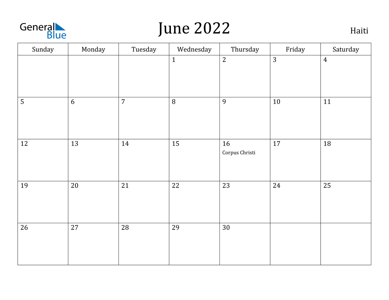 Haiti June 2022 Calendar With Holidays