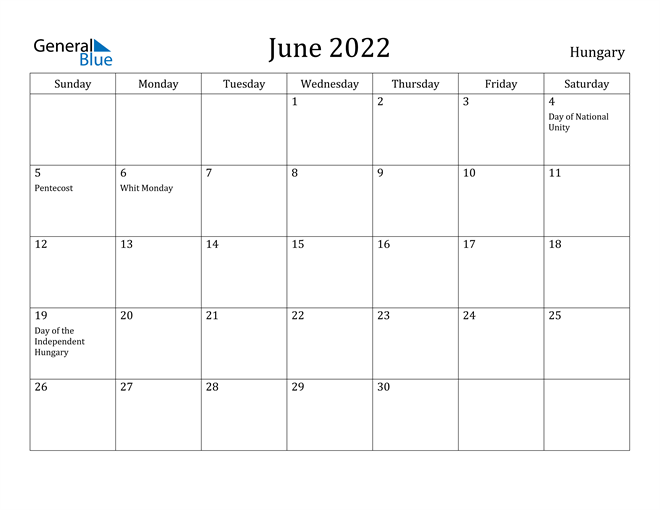Hungary June 2022 Calendar With Holidays