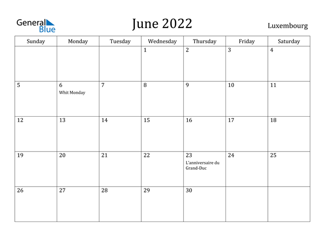 June Calendar 2022 With Holidays Luxembourg June 2022 Calendar With Holidays