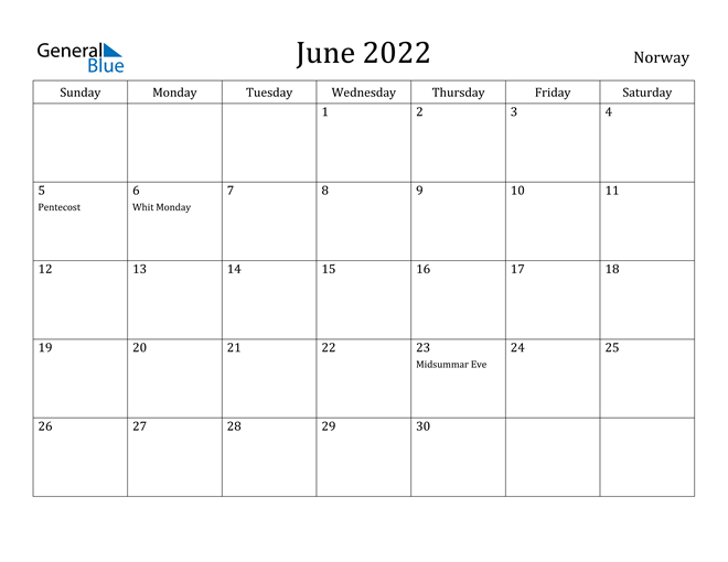 June 2022 Calendar Norway