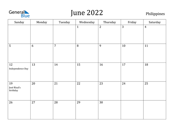 Philippines June 2022 Calendar with Holidays