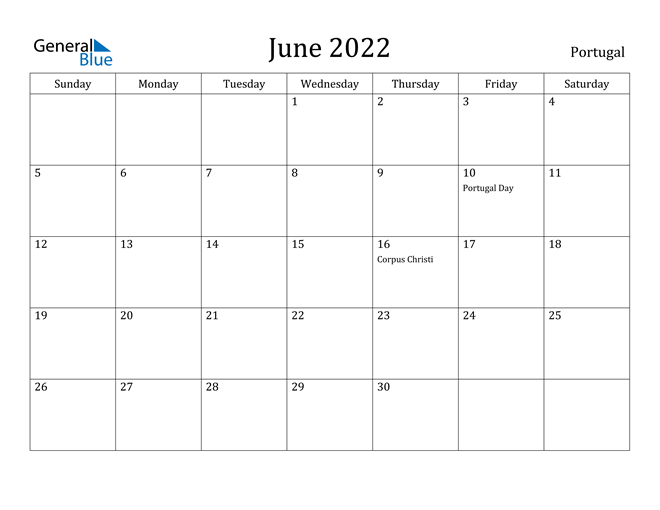 June 2022 Calendar Portugal
