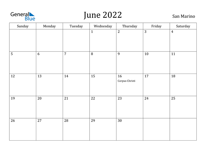 June 2022 Calendar San Marino