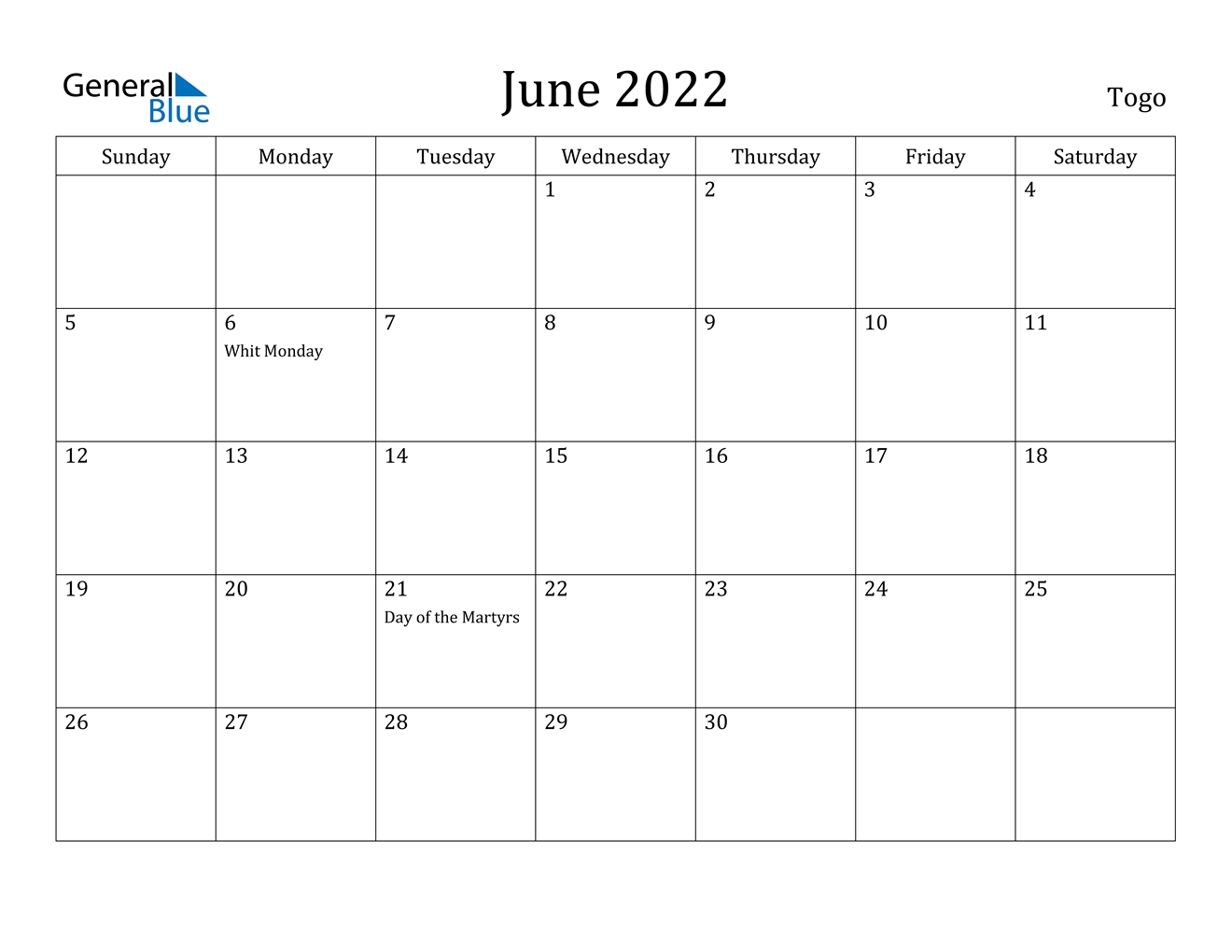 june 2022 calendar togo