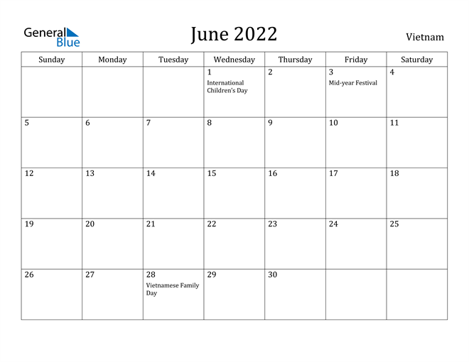 June 2022 Calendar Vietnam