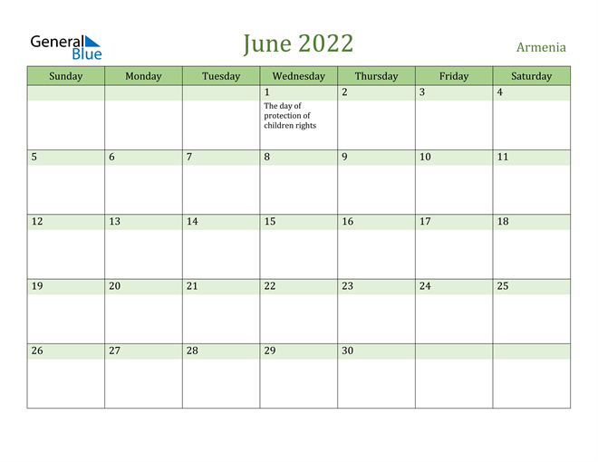 June 2022 Calendar with Armenia Holidays
