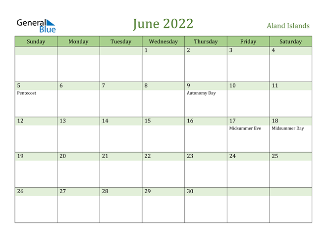 June 2022 Calendar with Aland Islands Holidays