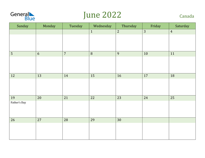 June 2022 Calendar with Canada Holidays