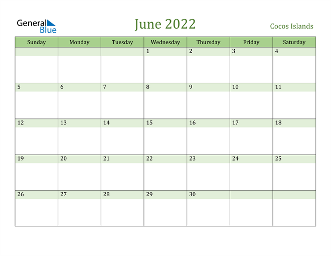 June 2022 Calendar with Cocos Islands Holidays