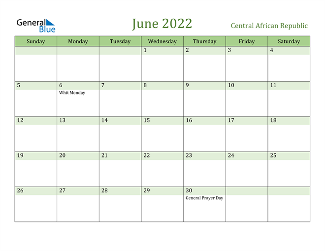 central african republic june 2022 calendar with holidays