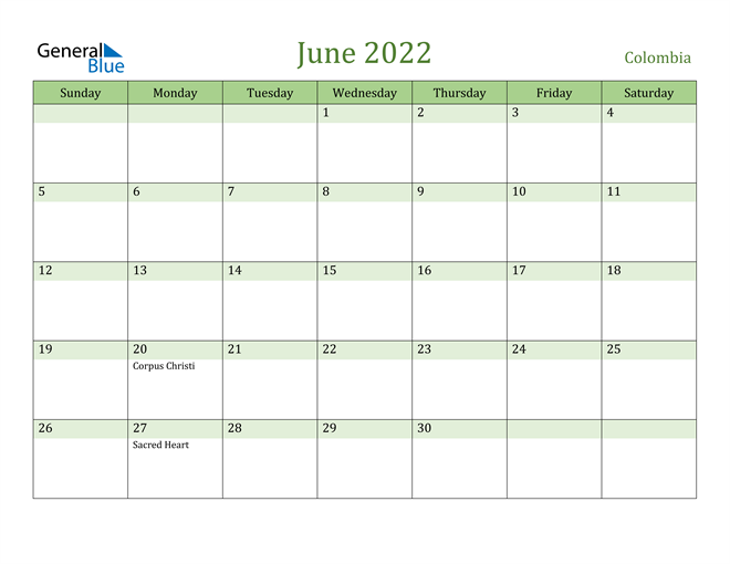 June 2022 Calendar with Colombia Holidays