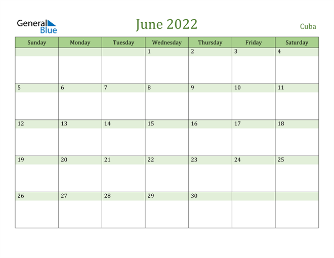 June 2022 Calendar with Cuba Holidays