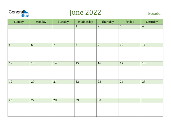 June 2022 Calendar with Ecuador Holidays