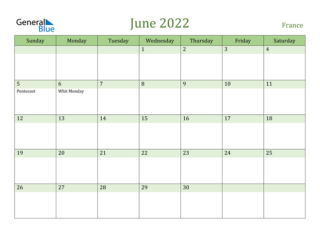 June 2022 Calendar with France Holidays